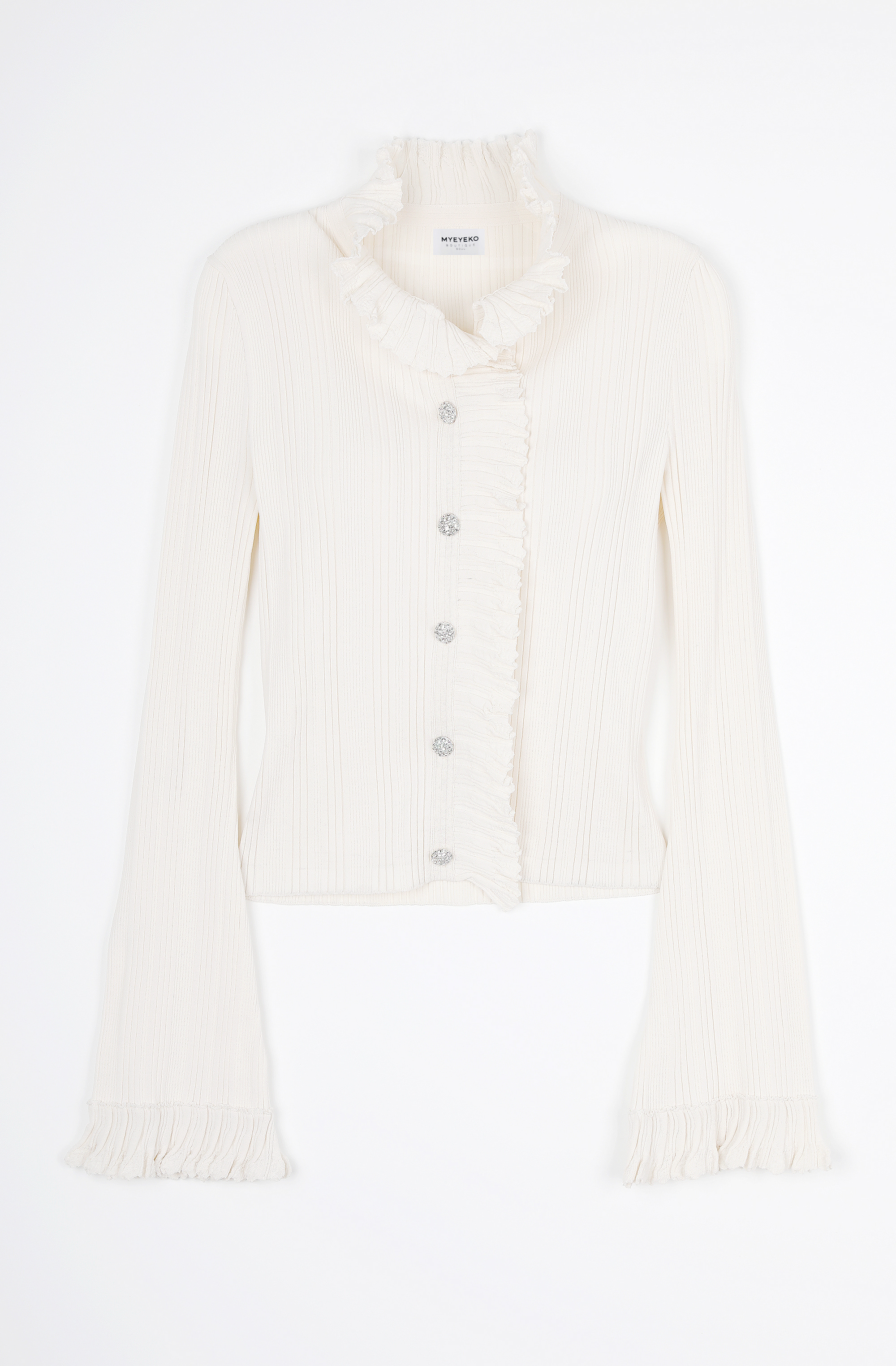 HIGH QUALITY LINE - Crystal Embellished Frill Ribbed KNIT (CREAM IVORY)